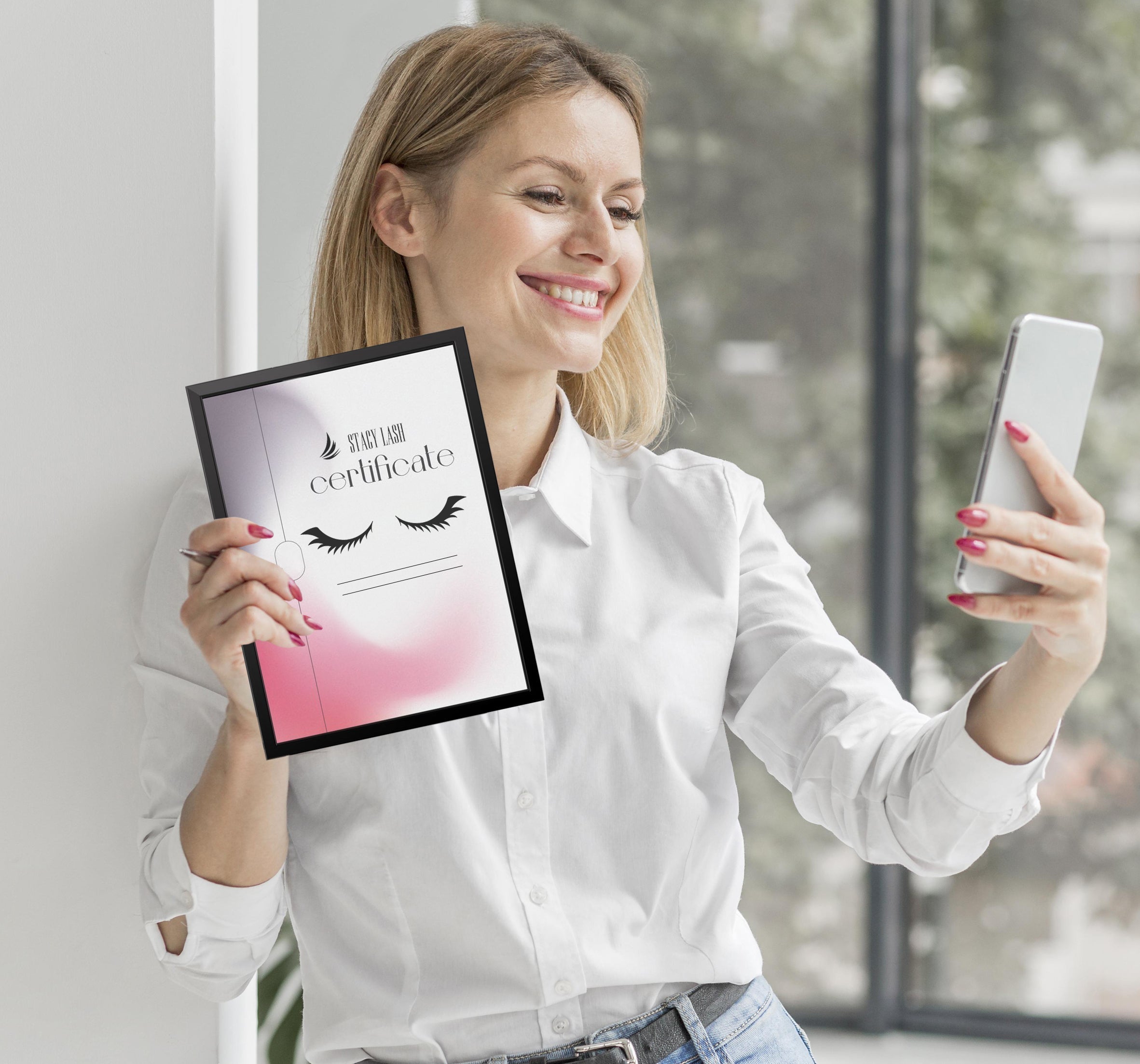 a woman holding a cerificate making selfie