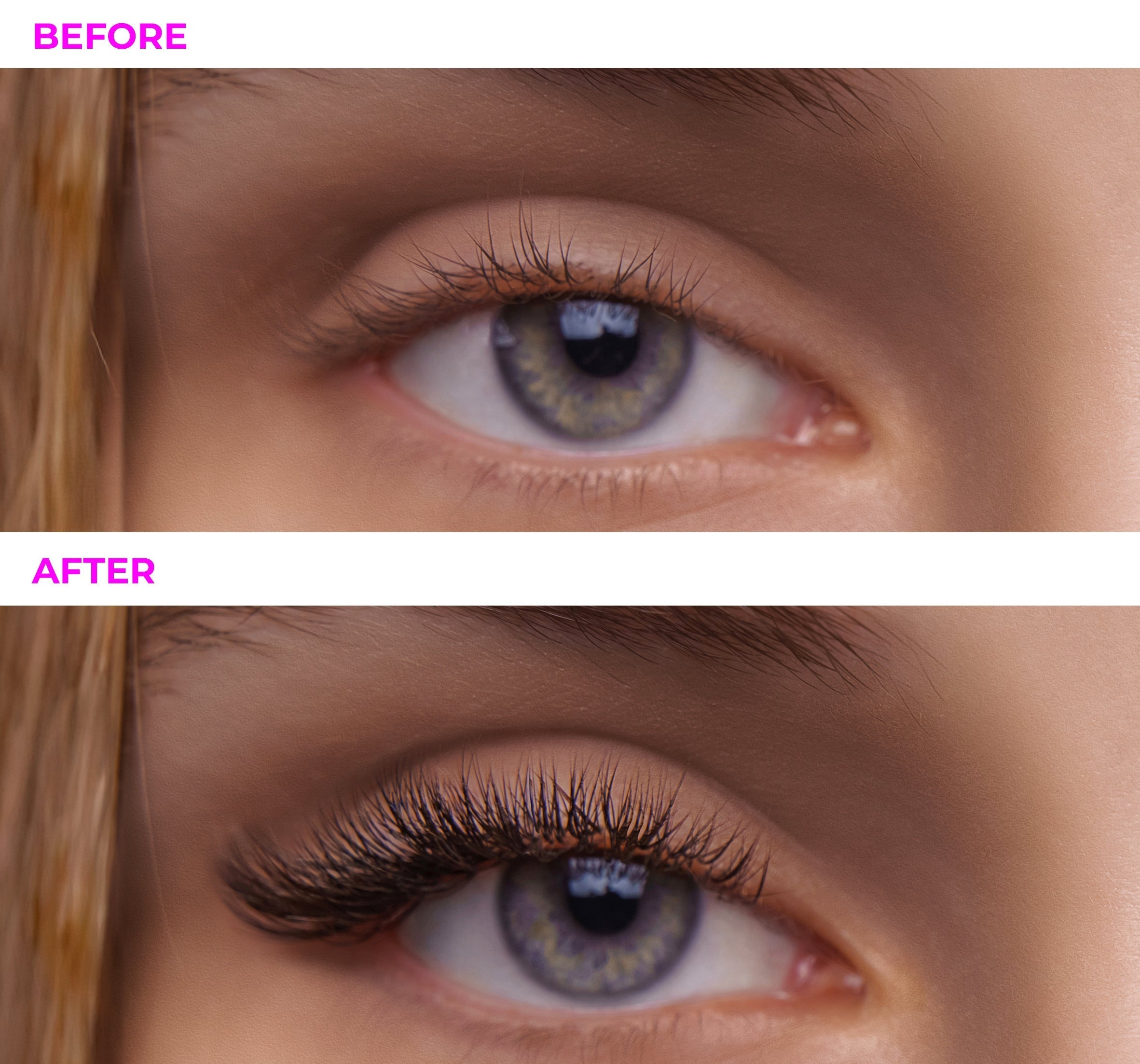 an eye without lash extensions and an eye with lash extensions