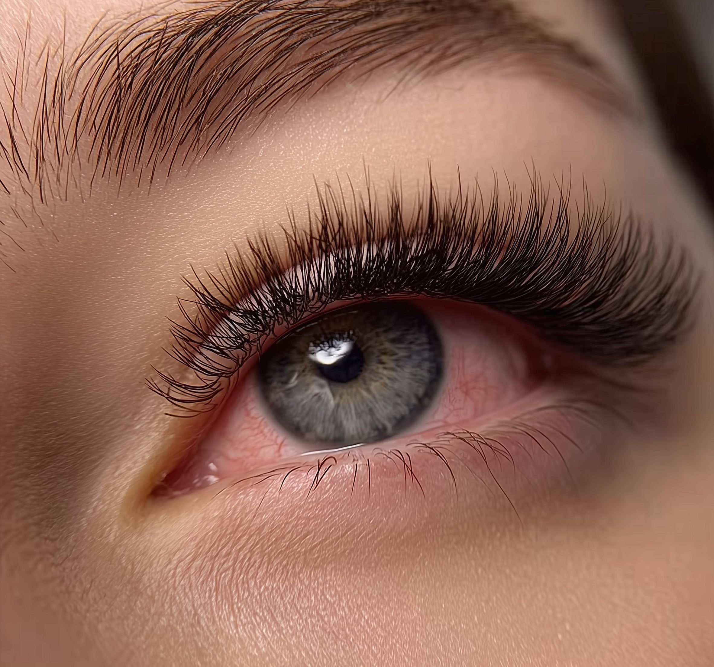 A red and swollen eye with extensions on
