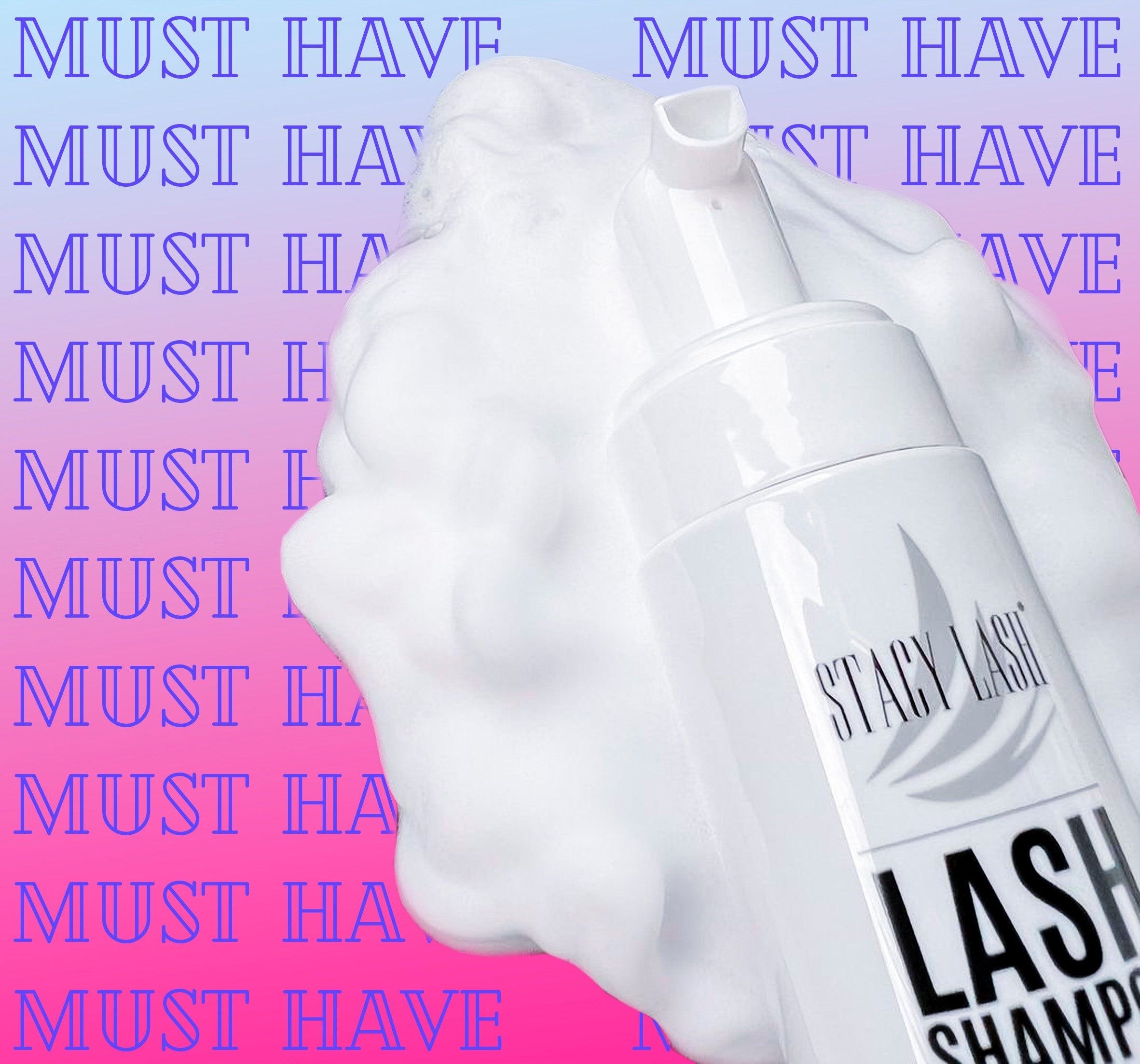 Stacy Lash Shampoo Bottle lying in a foam