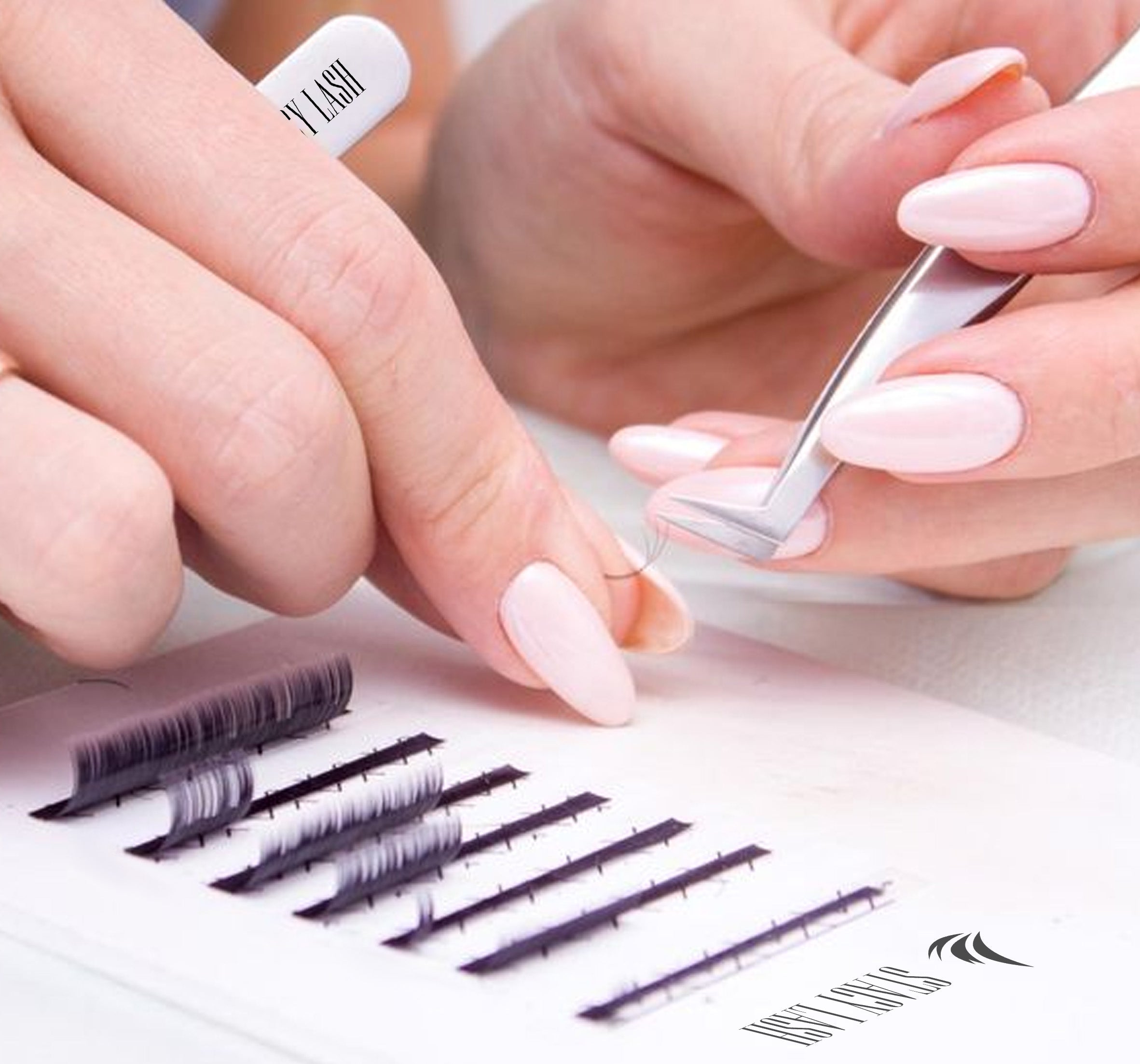 Professional lash artist picking lashes from a strip
