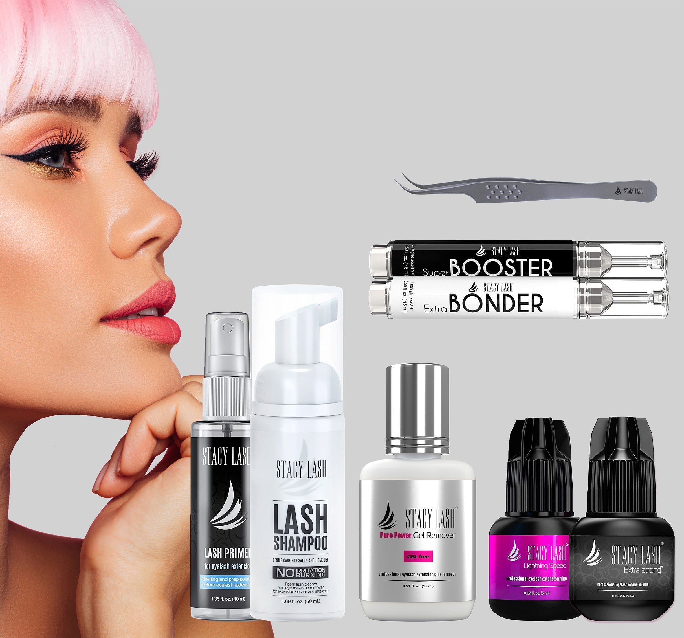 a model looking at Stacy Lash products