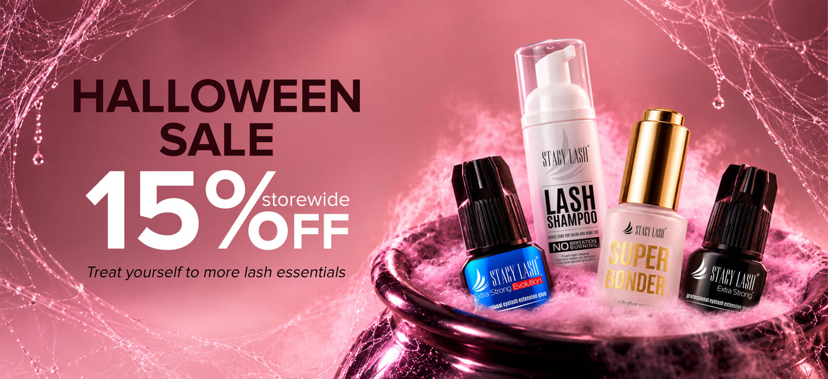 Promotional banner for a Halloween sale featuring four lash essentials from Set My Lash, including Lash Shampoo, Lash Conditioner, and two black eyeliner bottles, set against a pink spiderweb background with a large '15% OFF' text overlay.