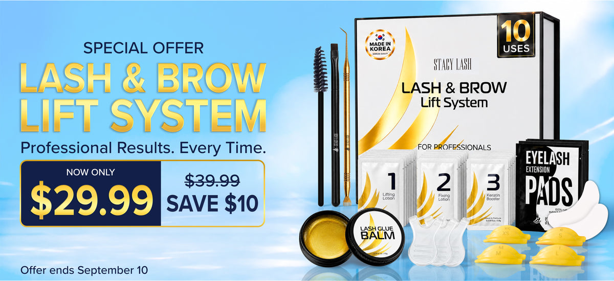 Lash & Brow Lift System promotional banner featuring the product kit with boxes, brow lamination tools, pads, and balm on a blue gradient background with sale text.