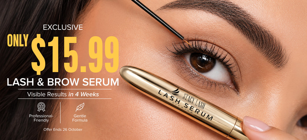 Close-up of a person applying or holding a gold tube of Lash & Brow Serum, with large promotional text reading 'EXCLUSIVE ONLY $15.99 LASH & BROW SERUM' on a beige skin-toned background.