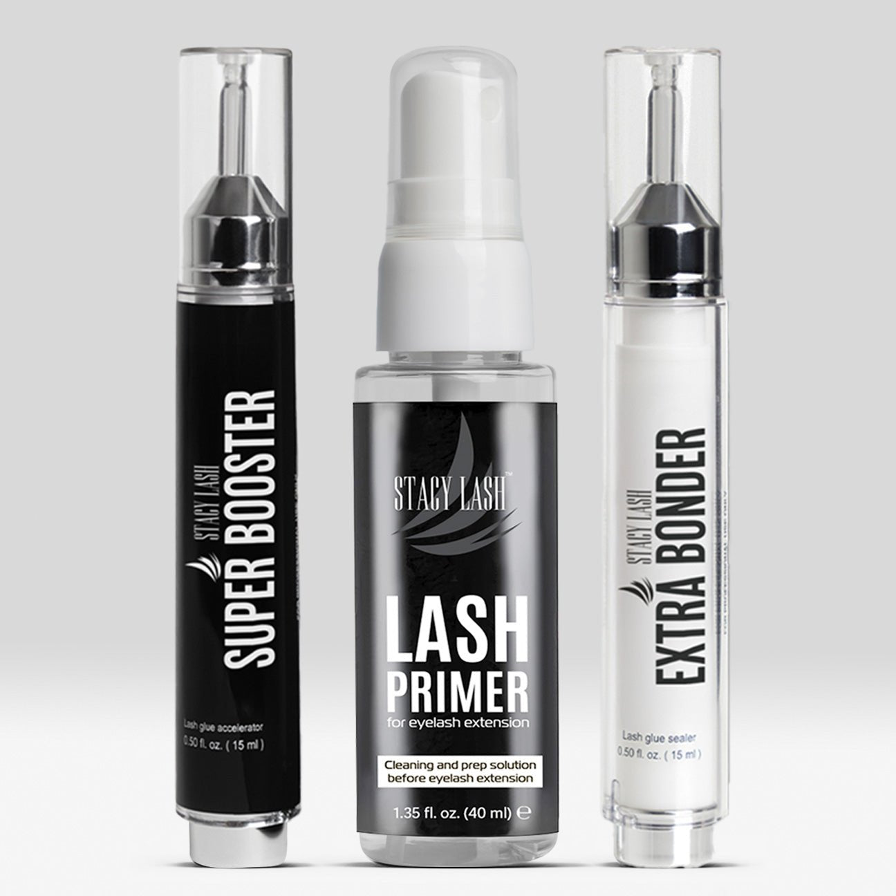 Stacy Lash Bundle: Extra Bonder 0.50 fl. oz. / 15ml & Primer 40ml & Booster 0.50 fl.oz./15 ml -