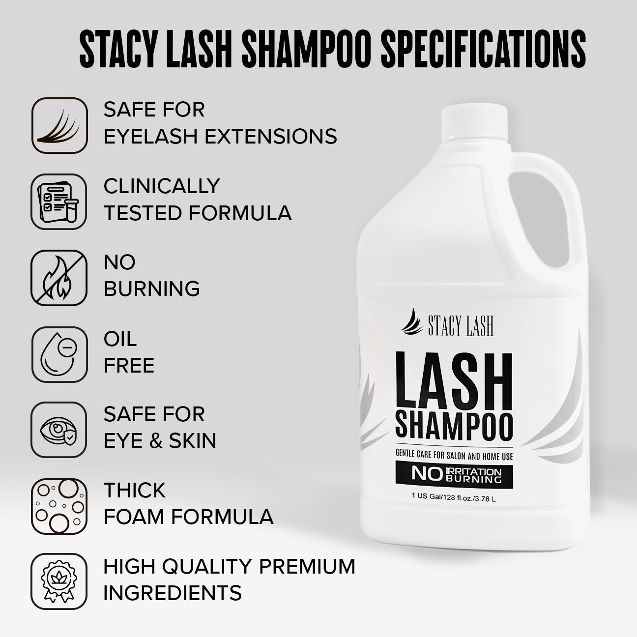 Stacy Lash Bundle: Eyelash Extension Shampoo 1 US Gal & 100 Pairs Set Under Eye Gel Pads -