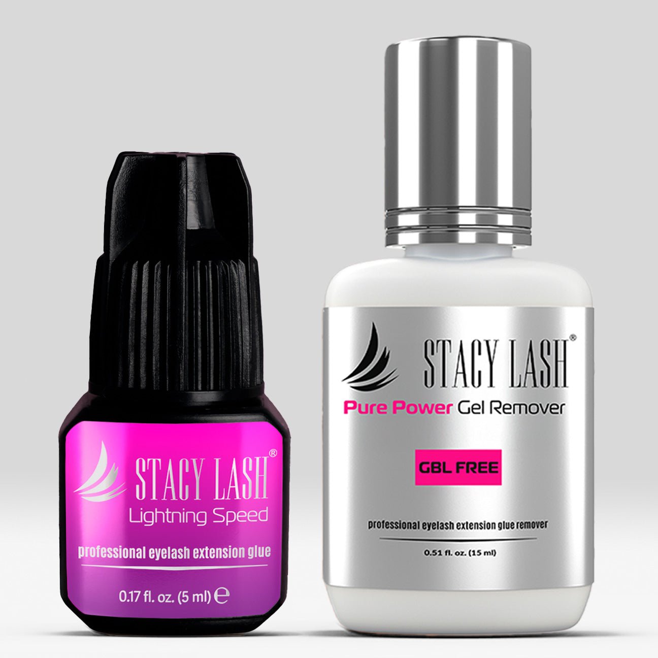Stacy Lash Bundle: Lightning Speed Eyelash Extension Glue 5ml & Pure Power Gel Remover 15ml -