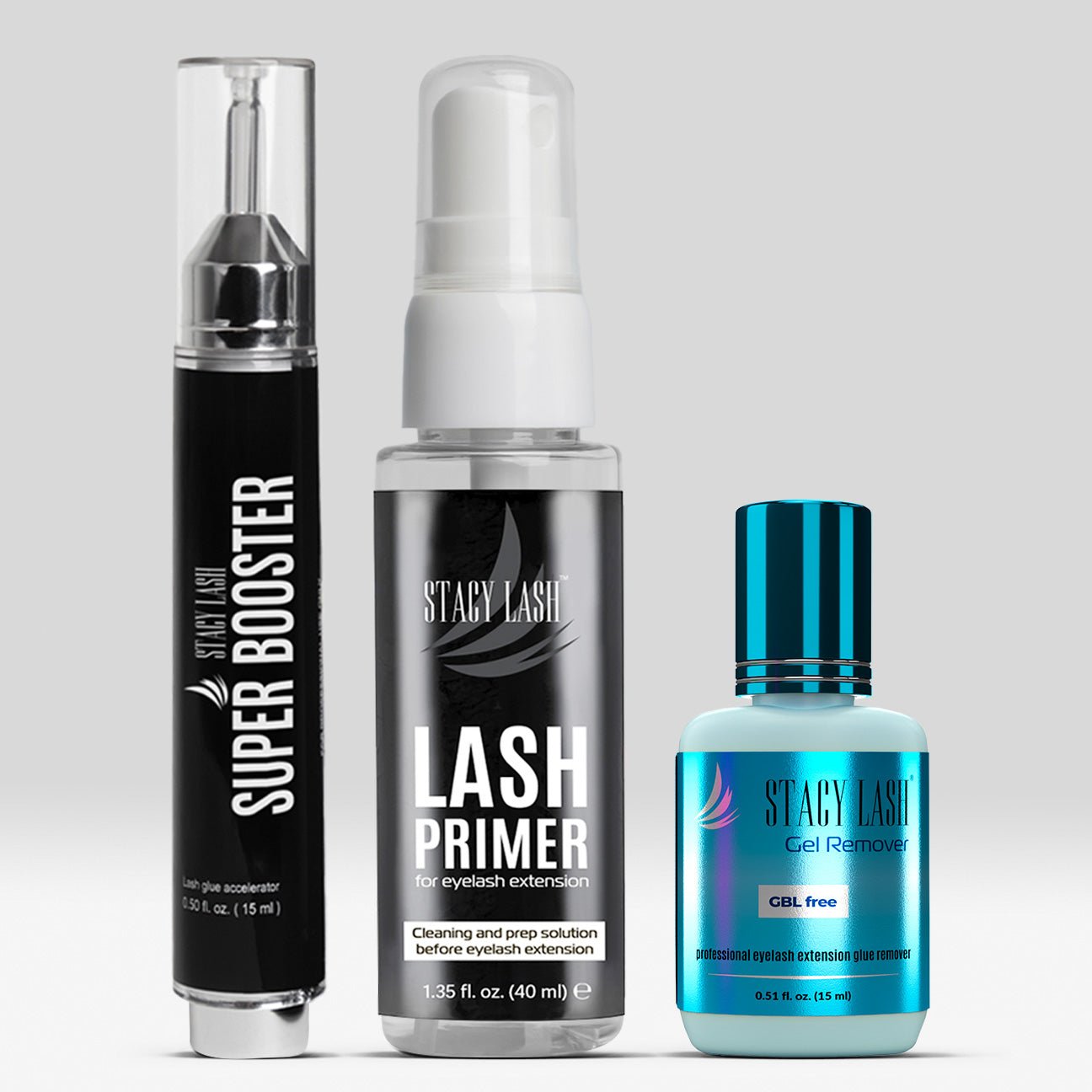 Stacy Lash Bundle: Primer 40ml & Gel Remover 15ml/0.51 fl.oz & Booster 0.50 fl.oz./15 ml -