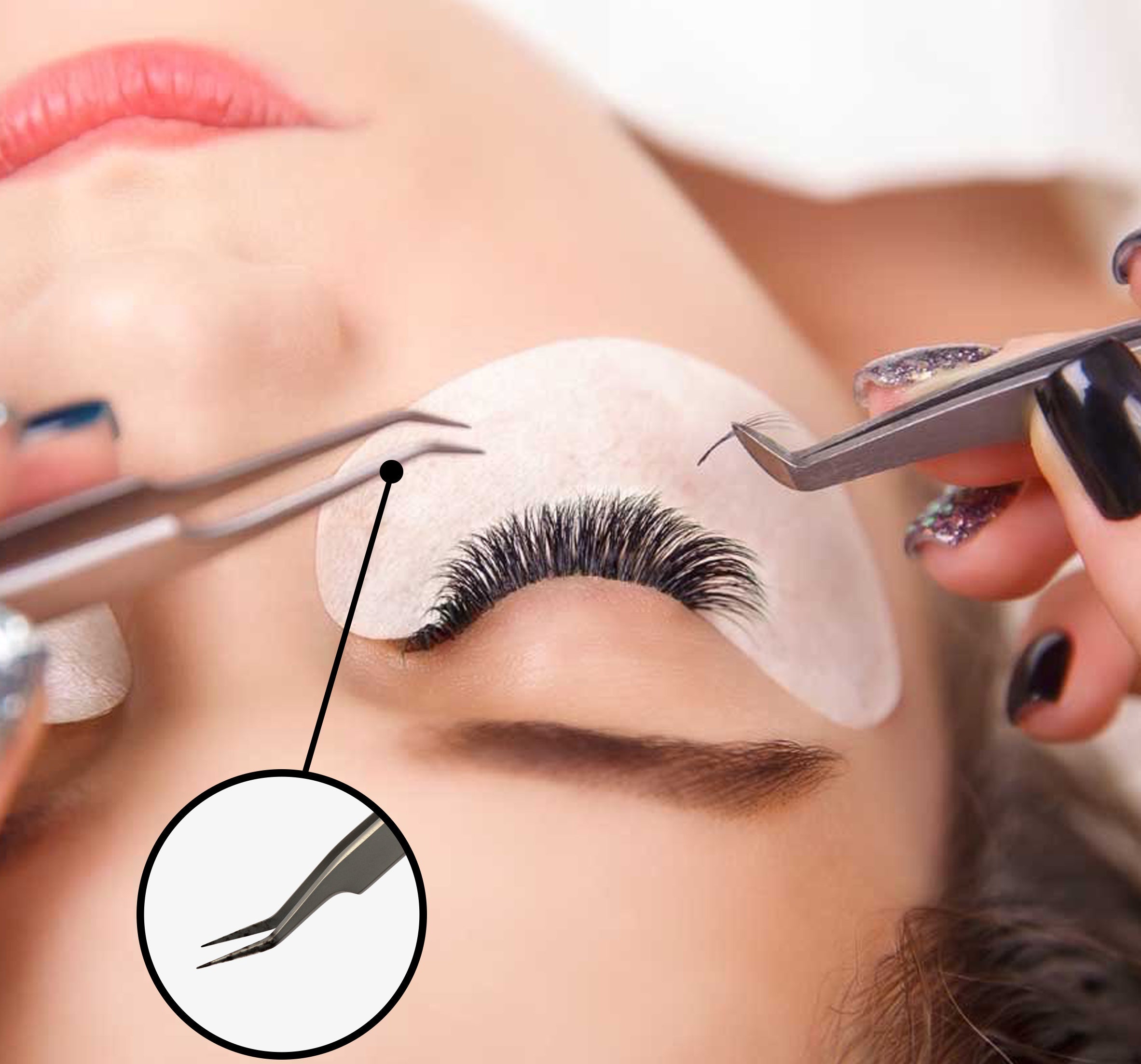 lash tech holding 2 tweezers, applying lash extensions