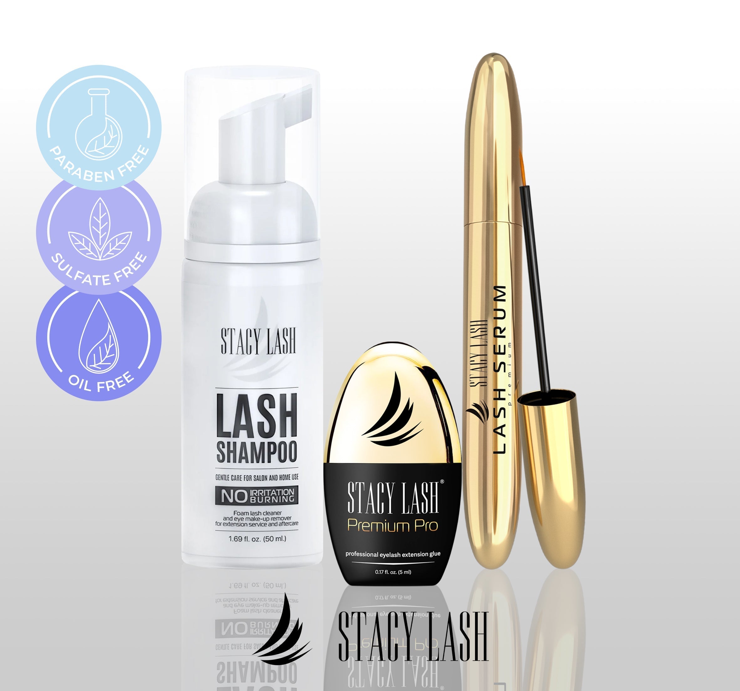 Lash Shampoo bottle, Premium Pro lash glue and Lash growth serum