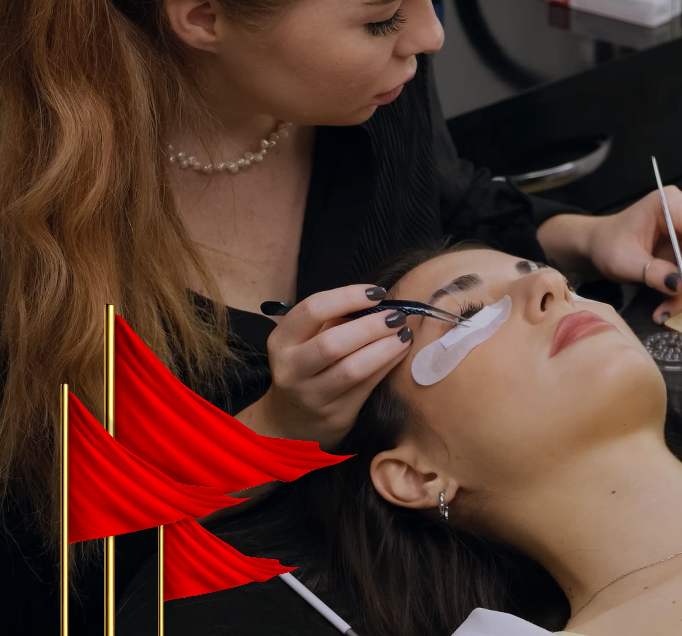 lash professionals performing procedure with red flags on the front