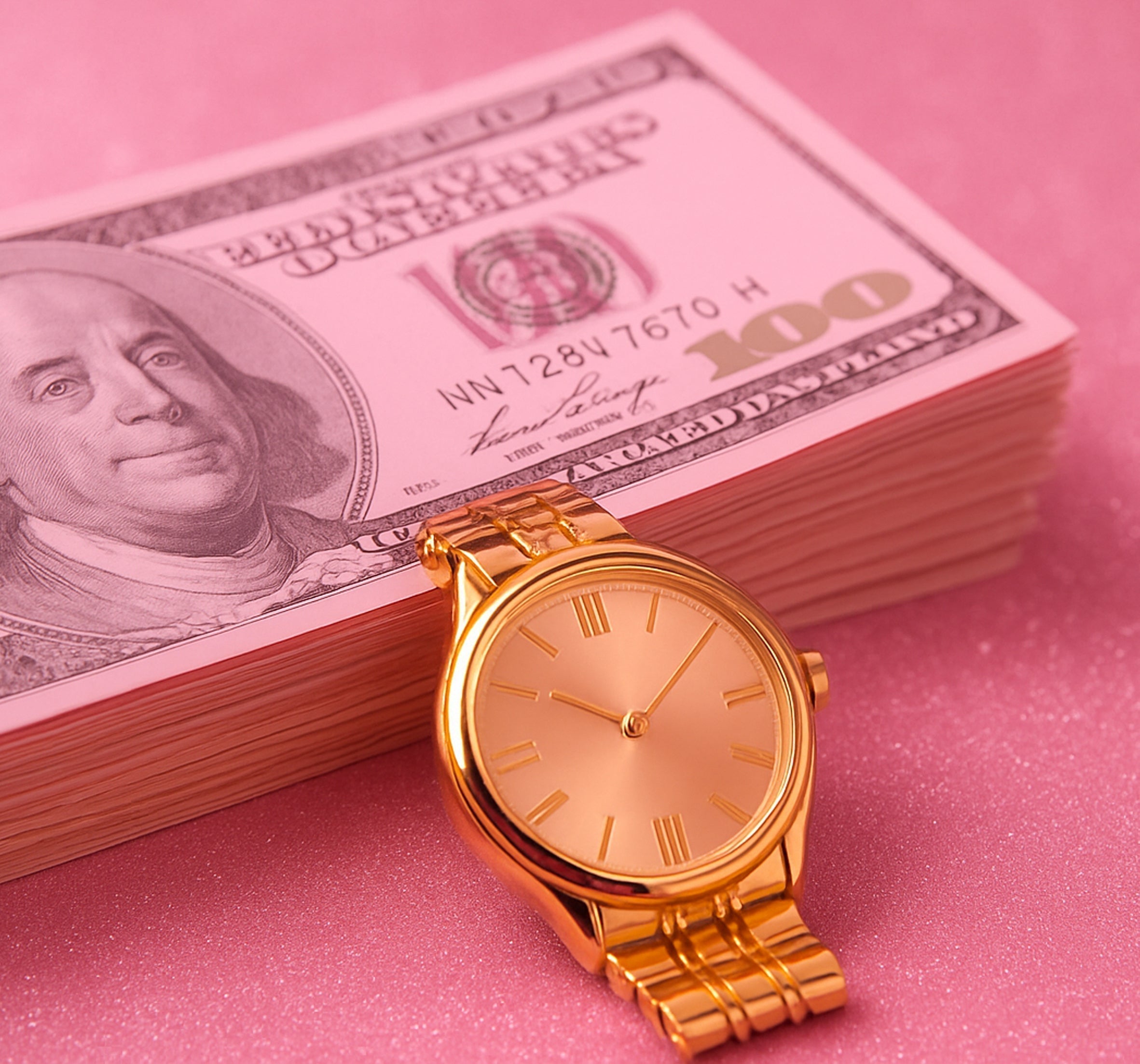 a golden watch laying on dollars