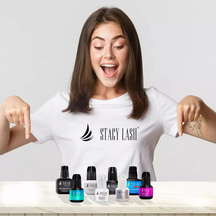 a woman happily looking at Stacy Lash adhesives