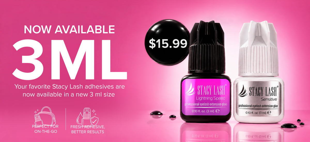 Two small Stacy Lash adhesive bottles on a bright pink background, with one black bottle labeled Lightning Seed and one white bottle labeled Professional Eyeliner Glue. Large text reads 'NOW AVAILABLE 3ML' and a price bubble says '$15.
