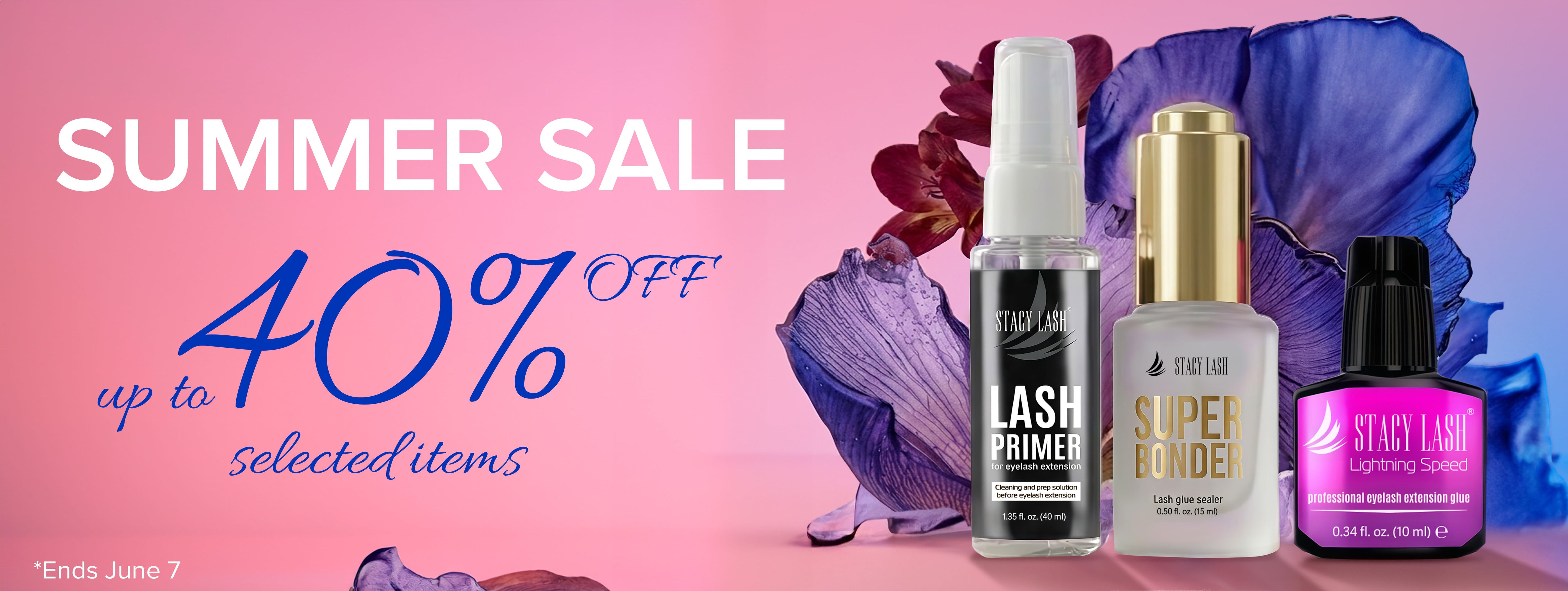 Cosmetic products with 'Summer Sale' text on a pink background