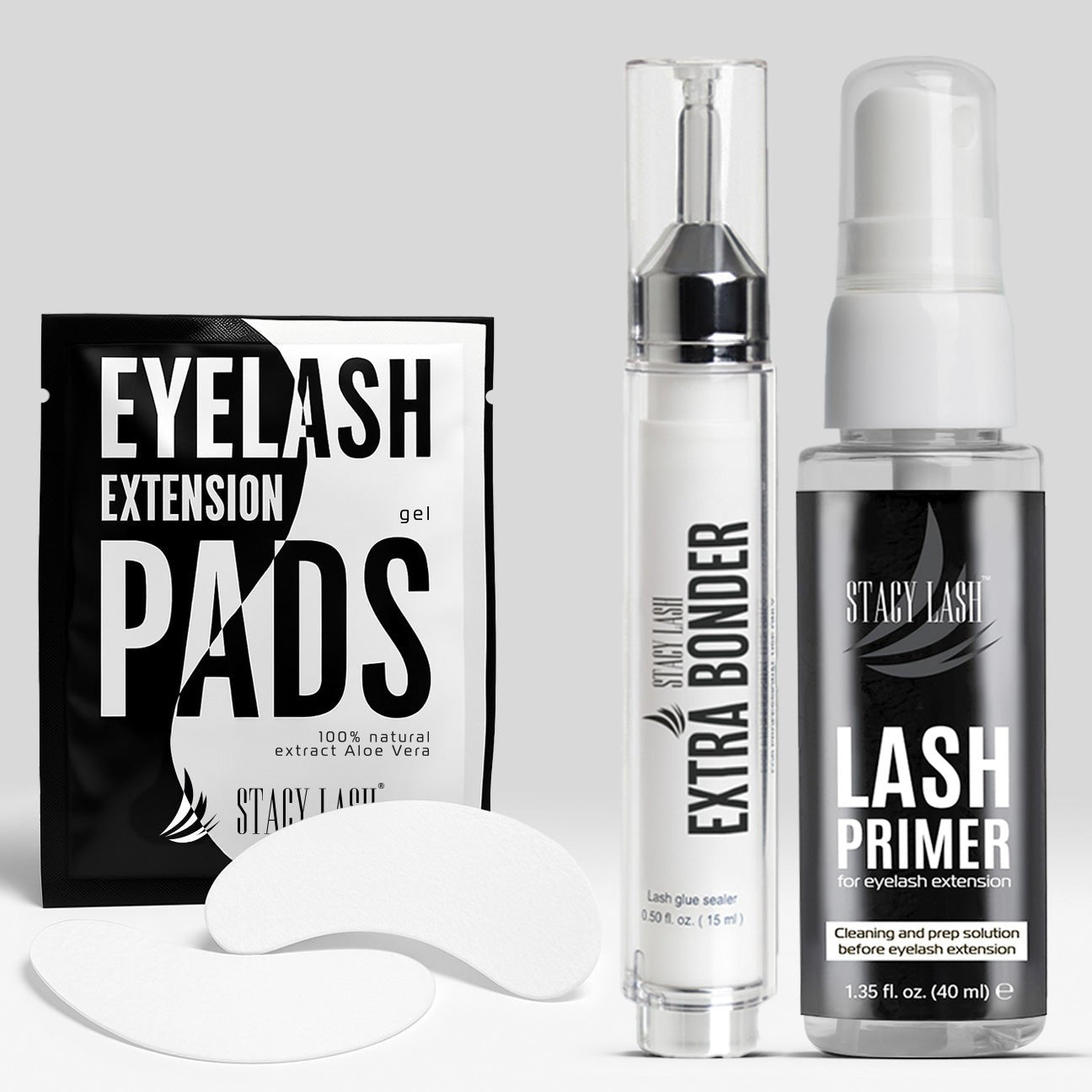 Stacy Lash Bundle: Extra Bonder 0.50 fl. oz. /15ml & Primer 40ml & 100 Pairs Set Under Eye Gel Pads - 