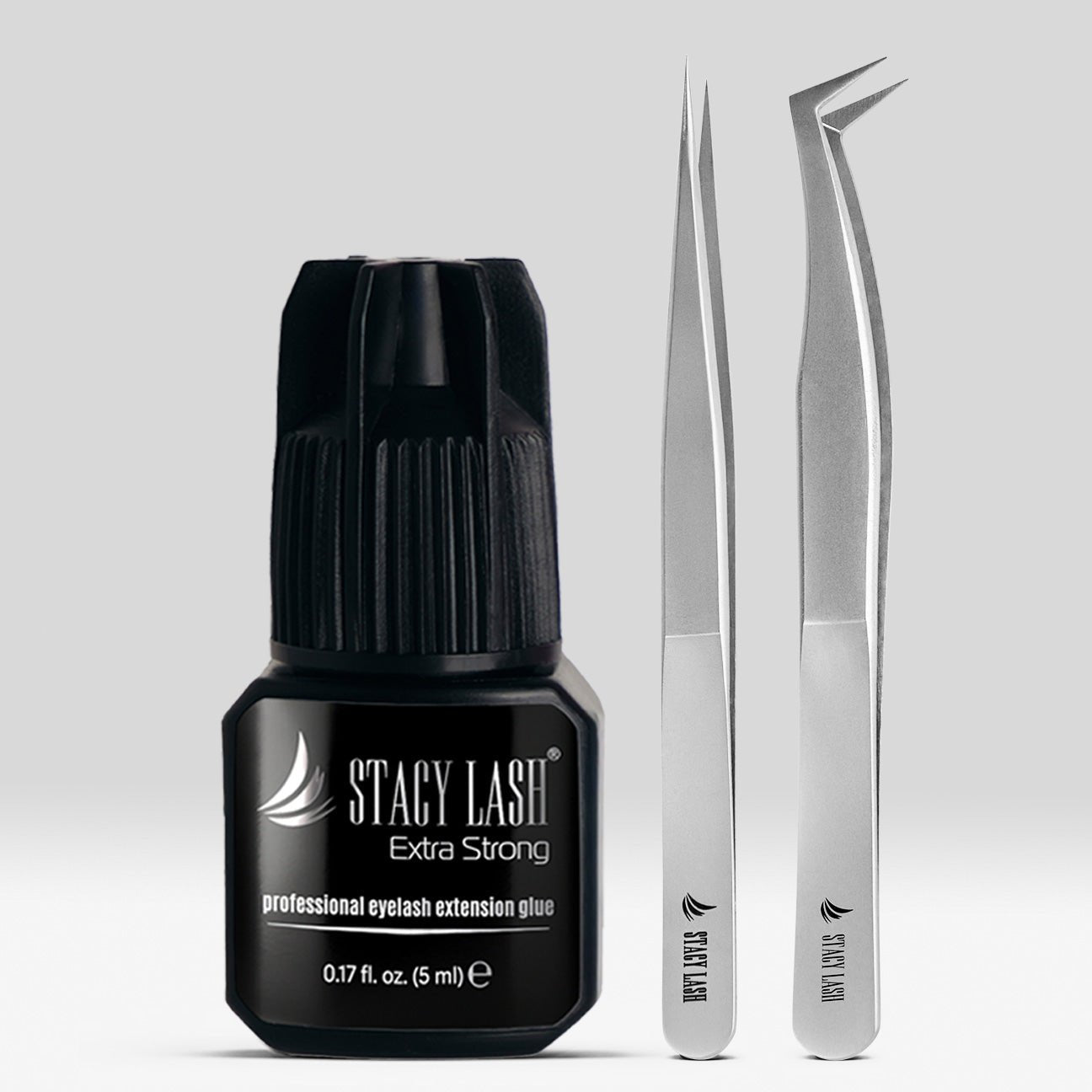 Stacy Lash Bundle: Extra Strong 5ml & STL2 & STL5 Lash Extension Tweezers - 