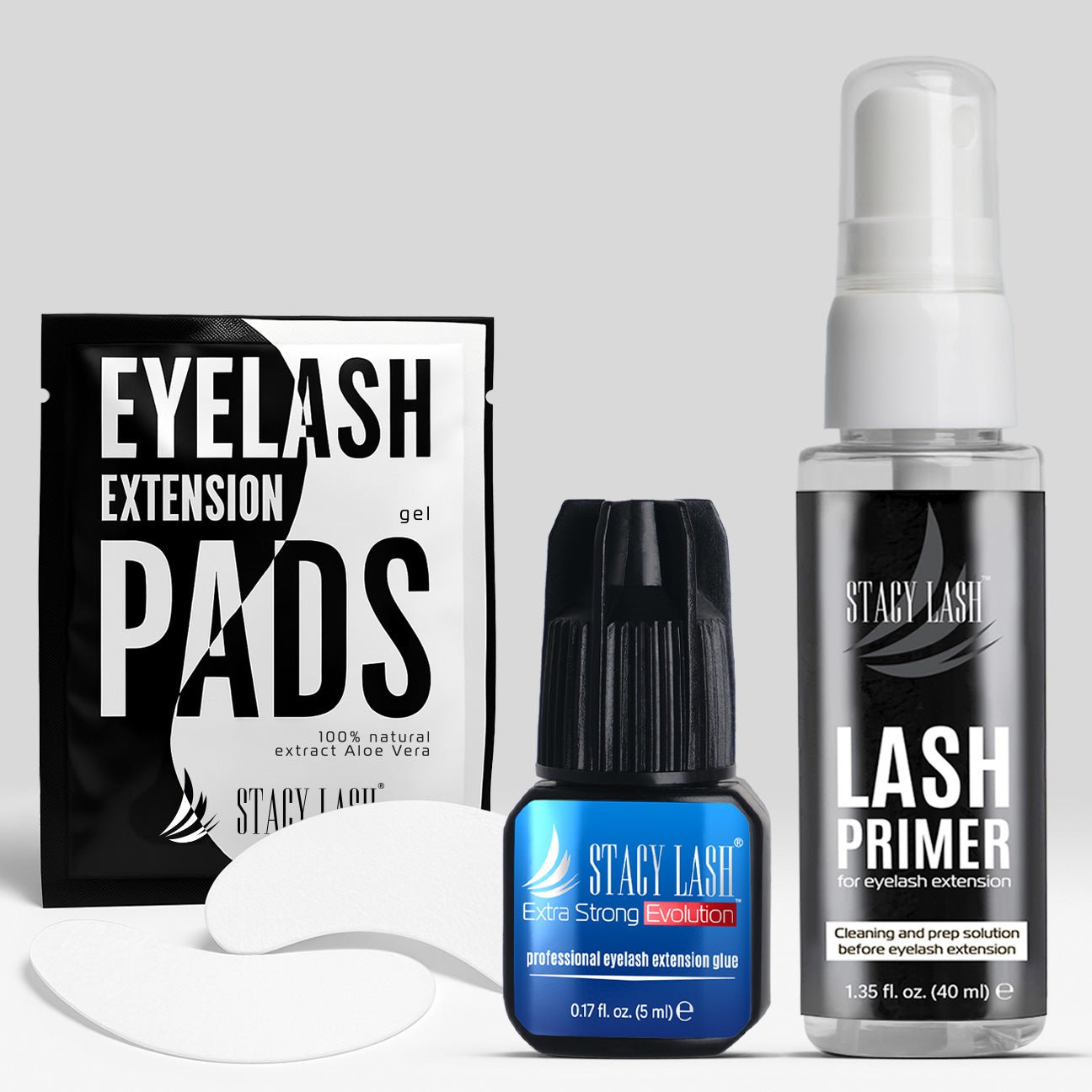 Stacy Lash Bundle: Extra Strong Evolution 5ml & Primer 40ml & 100 Pairs Set Under Eye Gel Pads - 